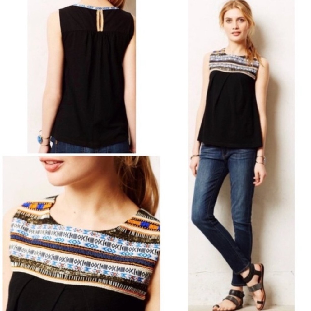 Anthropologie Akemi + Kin Boho Tula Black Beaded Embroidered Tank Size S